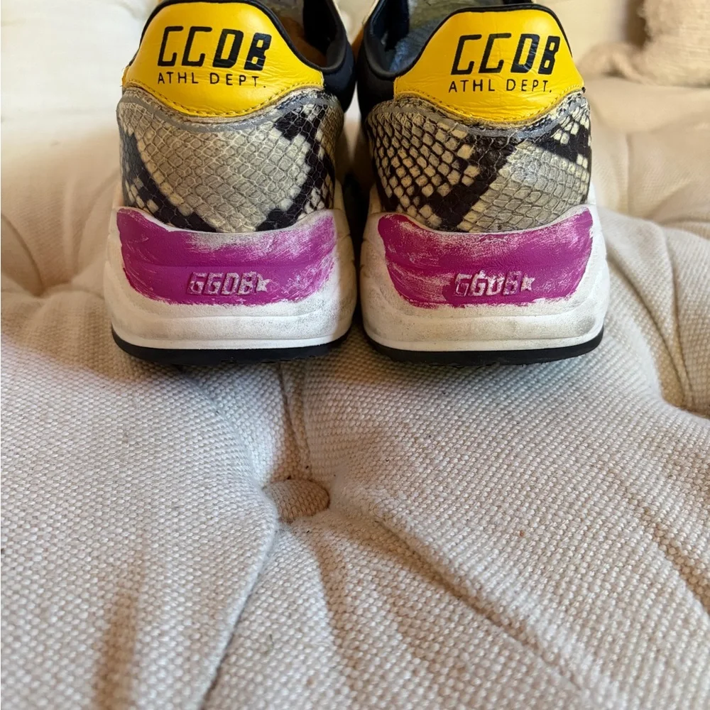 Golden Goose Snake Print Running Sneakers with Yellow Designer Laces